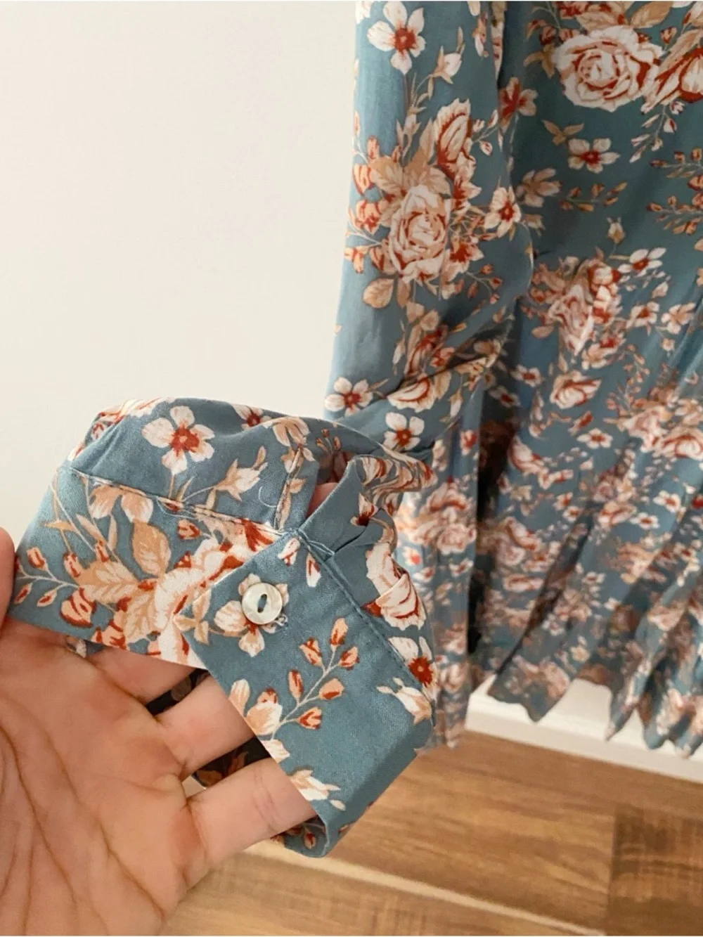 Shop Stevie Dusty Blue Floral Long Sleeve Tiered Mini Dress - Picture 3 of 6